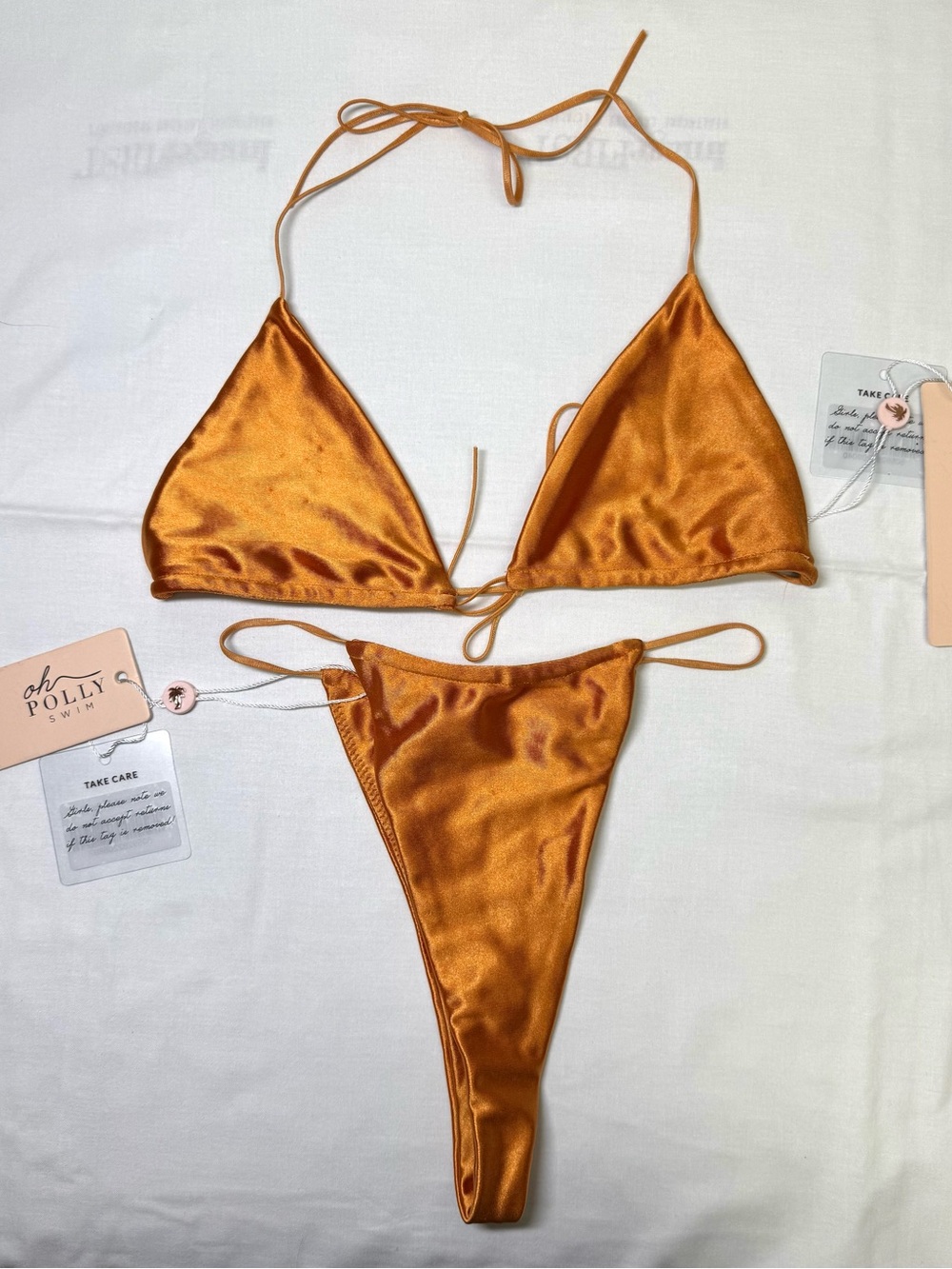 Oh Polly Swim NWT Rust Satin String Bikini Set Triangle Top Thong Bottom Medium